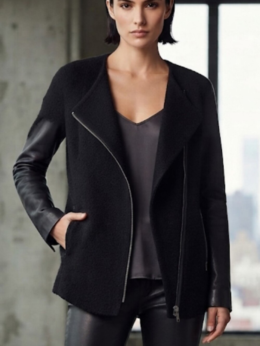 Vince Mixed-Media Wool & Leather Moto Jacket Size Medium